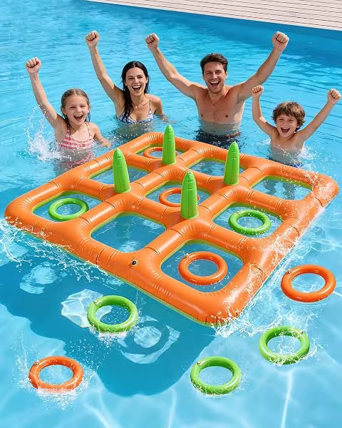 Juego Inflable Gigante 2 en 1 para Piscina – Tres en Raya y Lanzamiento de Aros, 2-10 Jugadores