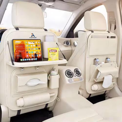 Organizador Universal de Cuero Premium Plegable para Asiento Trasero de Automóvil con Bandeja de Mesa
