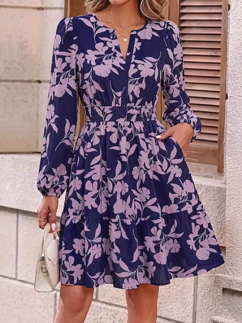 Vestido Floral Corto para Mujer – Manga Larga, Estilo Casual de Otoño 2026 