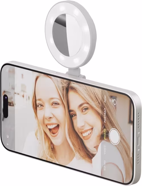 Anillo de luz LED para selfie con cuatro ajustes de brillo y batería integrada.