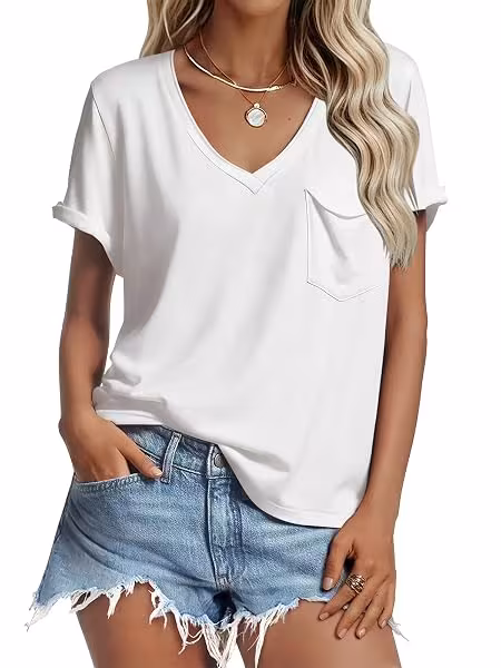 Camiseta Básica de Manga Corta para Mujer – Cuello en V, Estilo Casual 