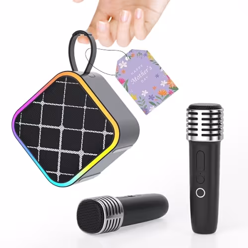  Mini Karaoke Portátil para Niños – 2 Micrófonos Inalámbricos, Bluetooth y Asa de Transporte 